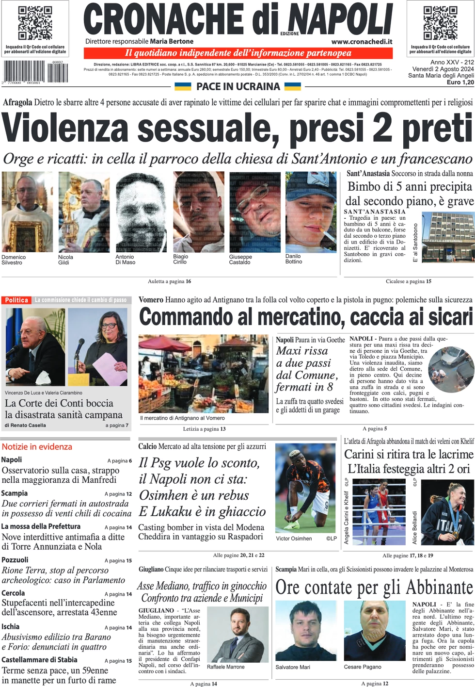 anteprima della prima pagina di cronache-di-napoli del 02/08/2024