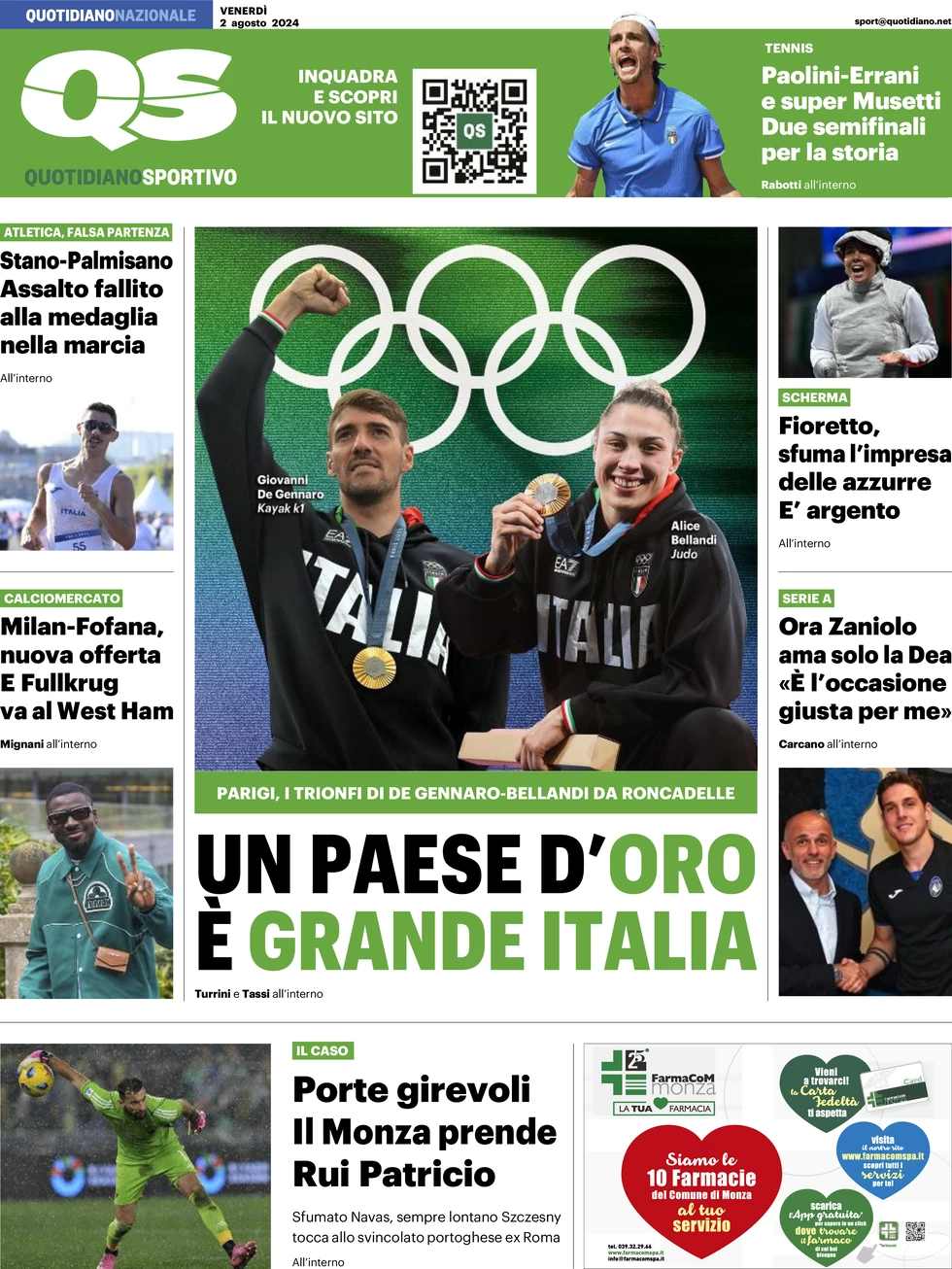 anteprima della prima pagina di qs-quotidiano-sportivo del 02/08/2024