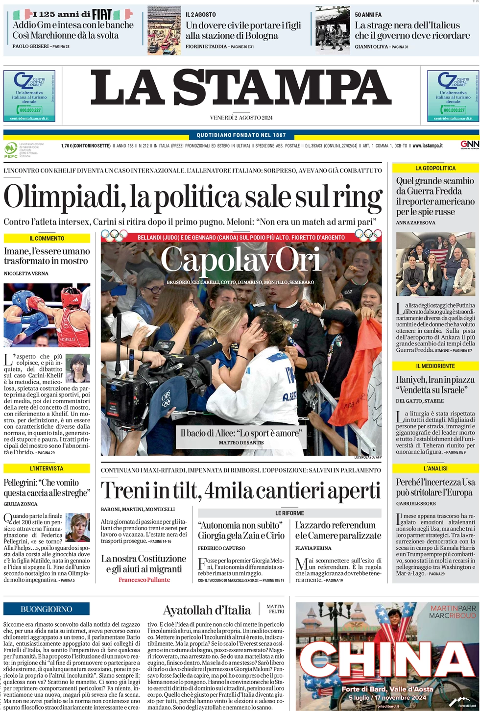 anteprima della prima pagina di la-stampa del 02/08/2024