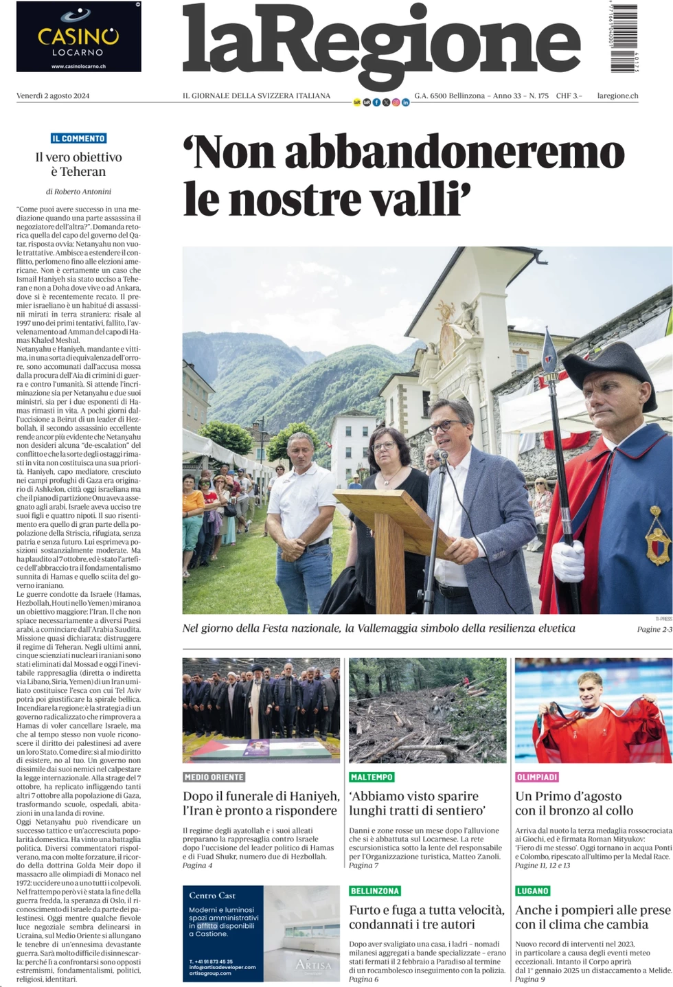 anteprima della prima pagina di la-regione del 02/08/2024