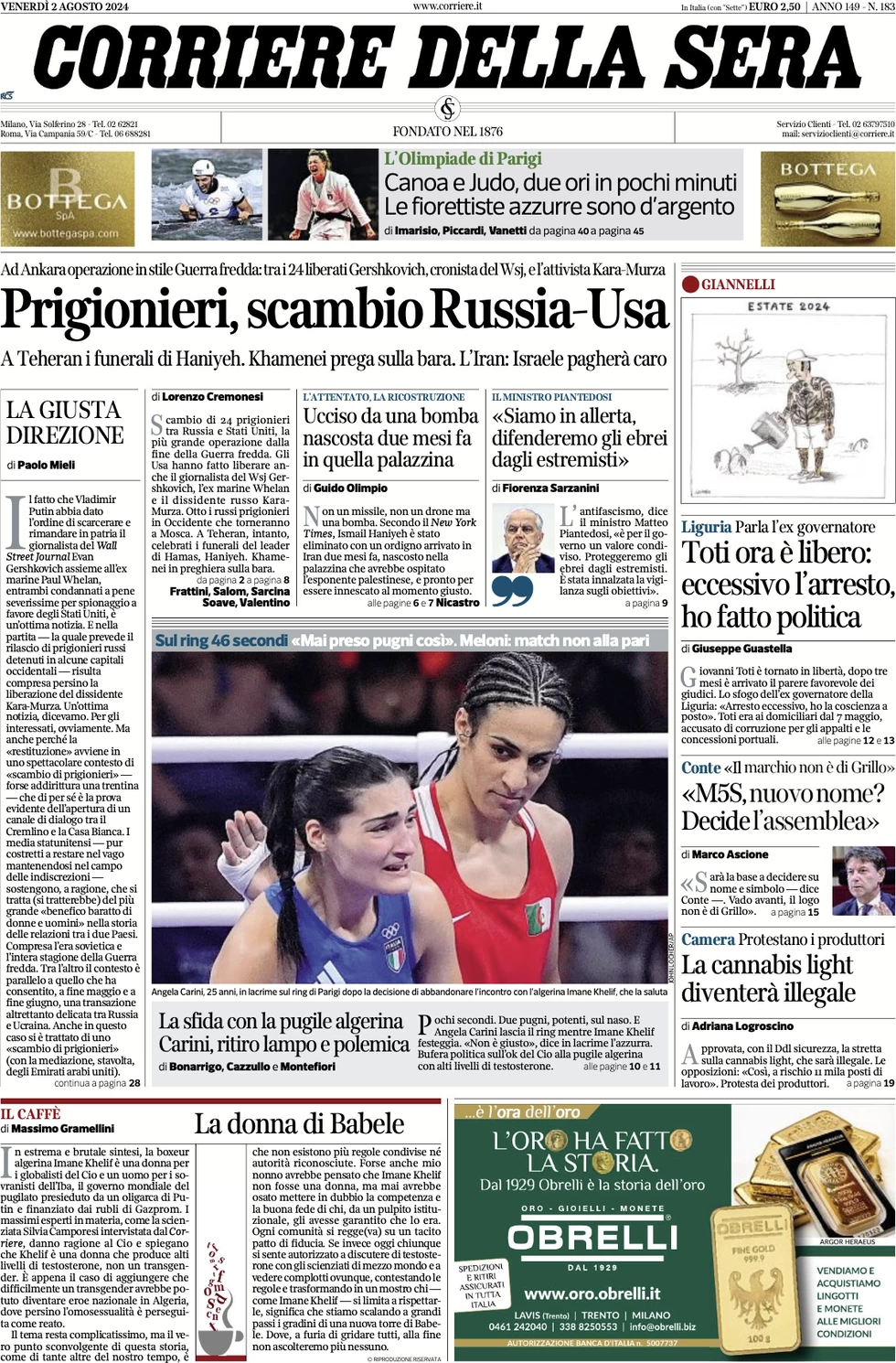 anteprima della prima pagina di corriere-della-sera del 02/08/2024