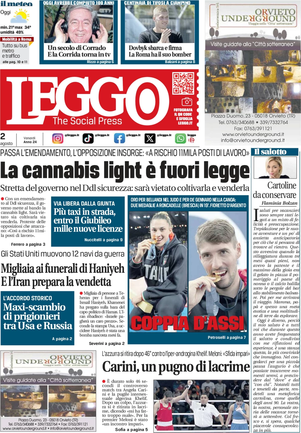 anteprima della prima pagina di leggo-roma del 02/08/2024