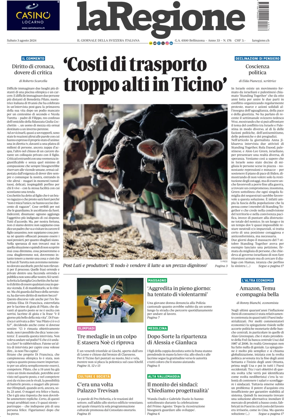 anteprima della prima pagina di la-regione del 03/08/2024