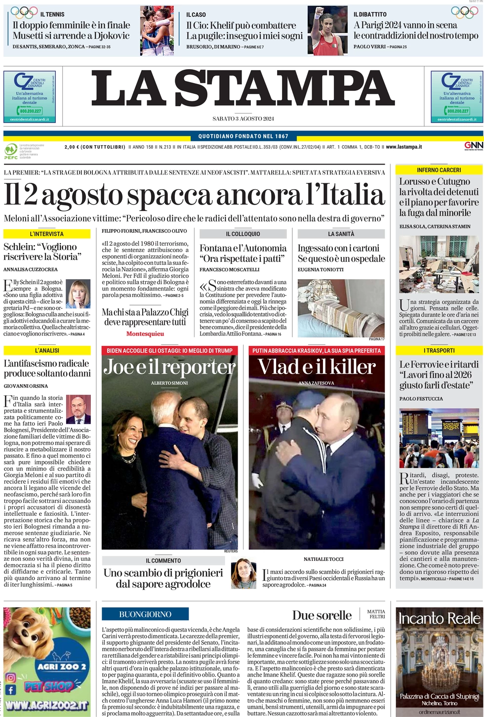 anteprima della prima pagina di la-stampa del 03/08/2024