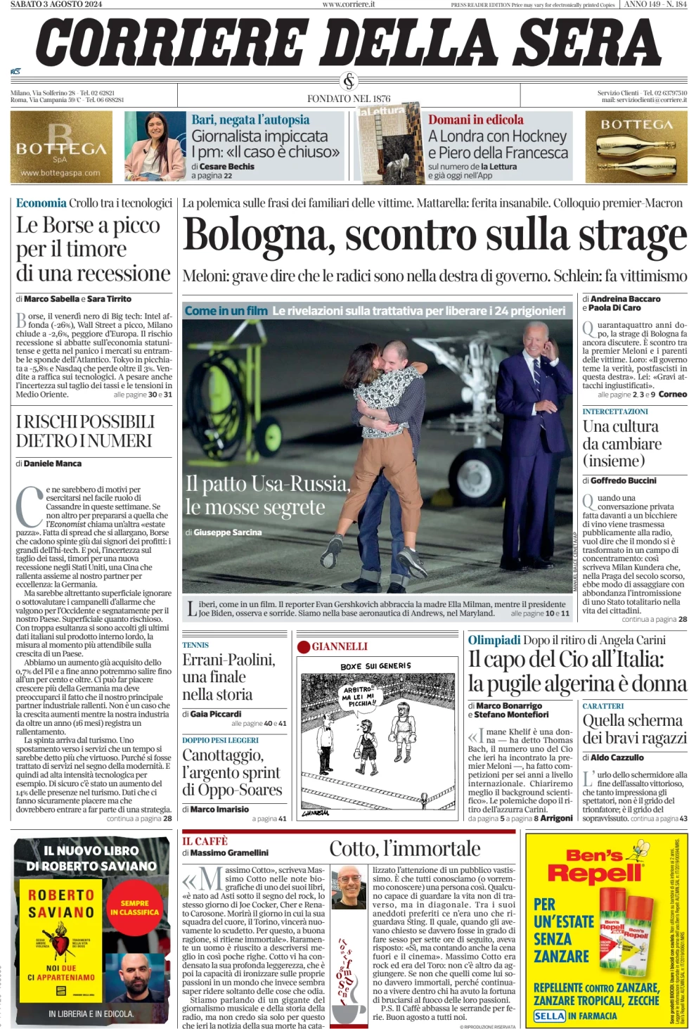 anteprima della prima pagina di corriere-della-sera del 03/08/2024