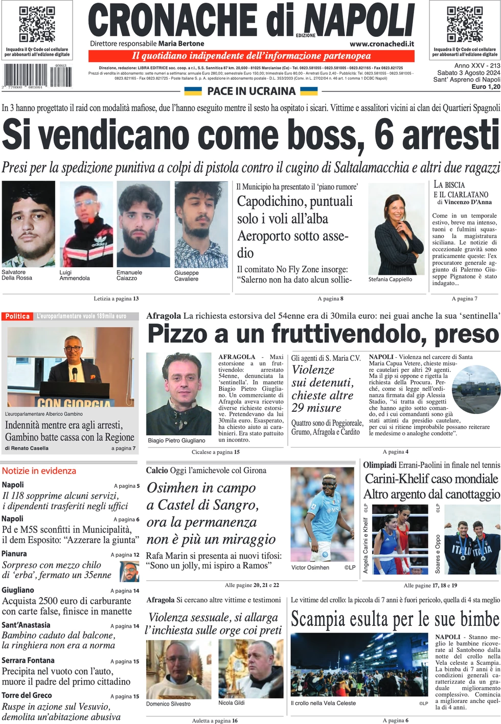 anteprima della prima pagina di cronache-di-napoli del 03/08/2024