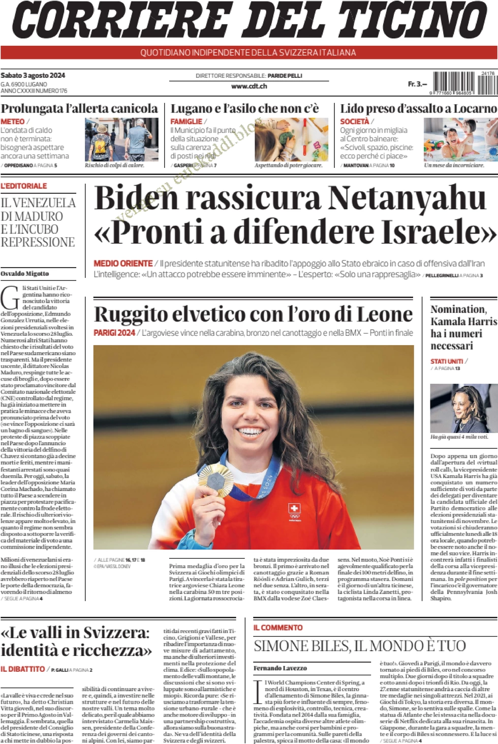 anteprima della prima pagina di corriere-del-ticino del 03/08/2024