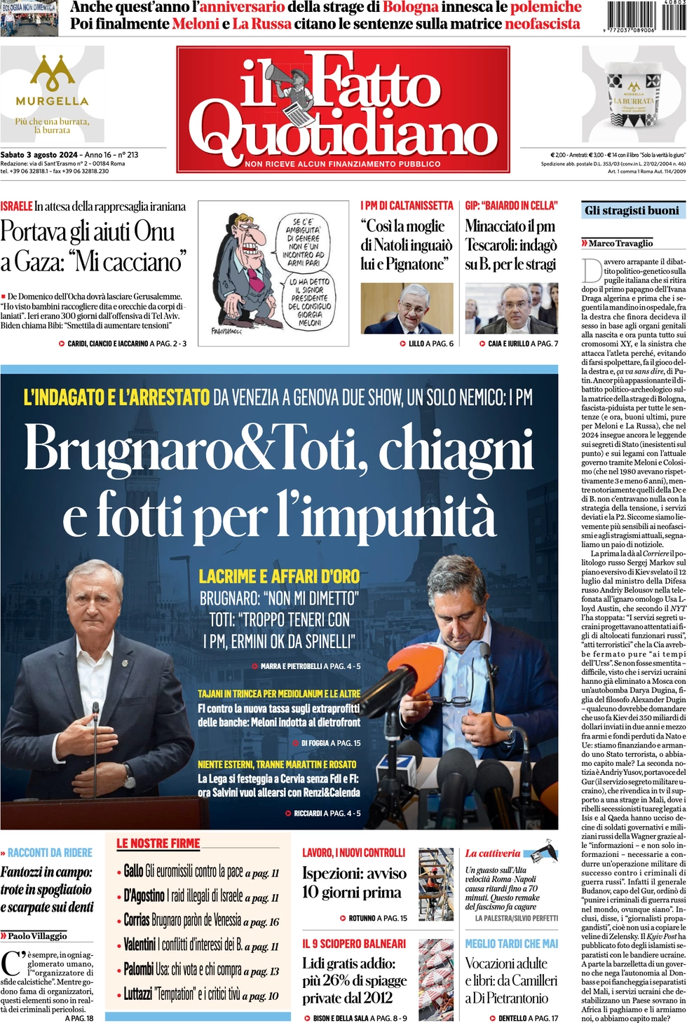 anteprima della prima pagina di il-fatto-quotidiano del 03/08/2024