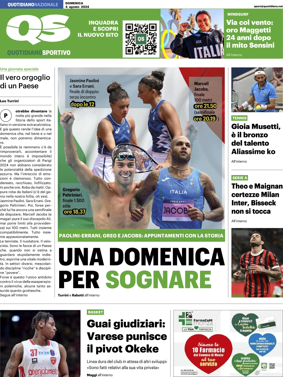 anteprima della prima pagina di qs-quotidiano-sportivo del 04/08/2024