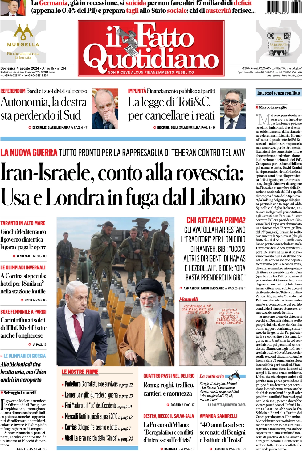 anteprima della prima pagina di il-fatto-quotidiano del 04/08/2024