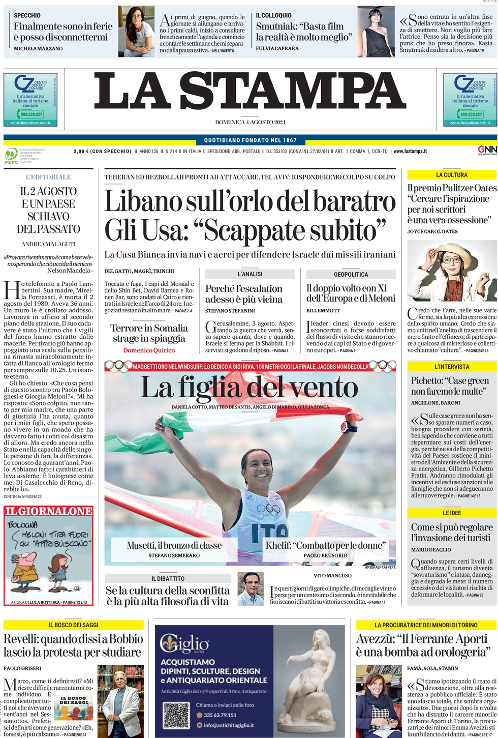 anteprima della prima pagina di la-stampa del 04/08/2024