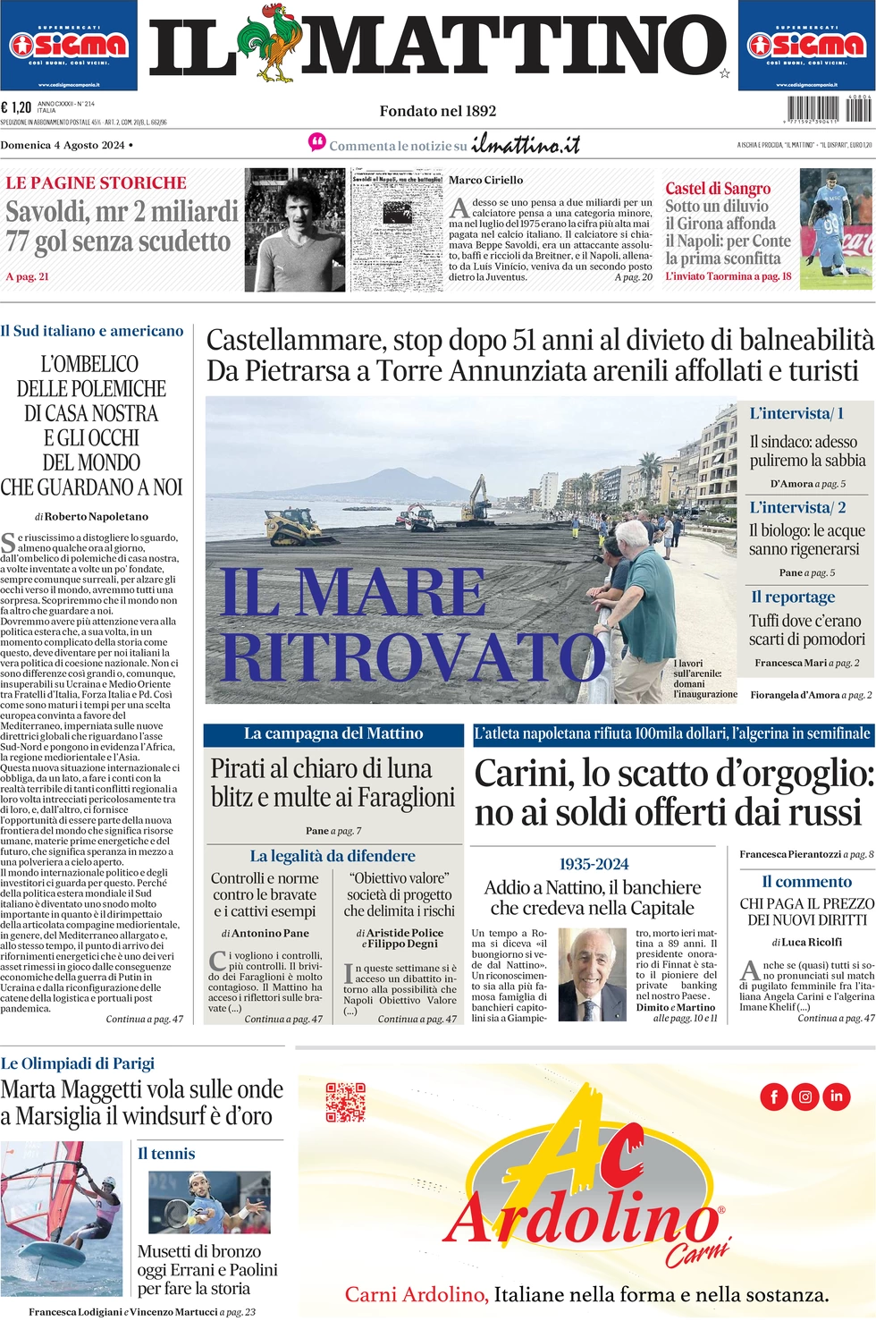 anteprima della prima pagina di il-mattino del 04/08/2024