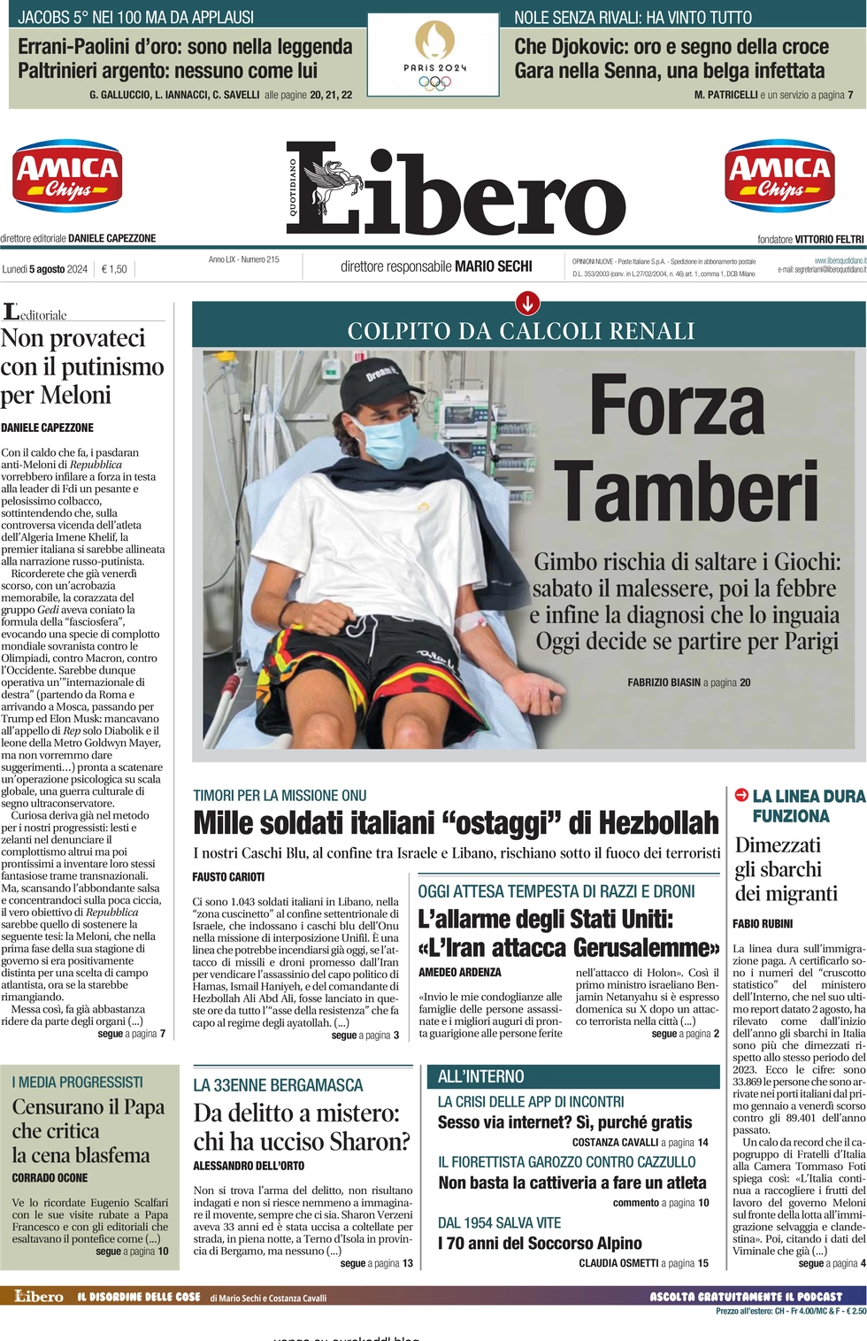 anteprima della prima pagina di libero-quotidiano del 05/08/2024