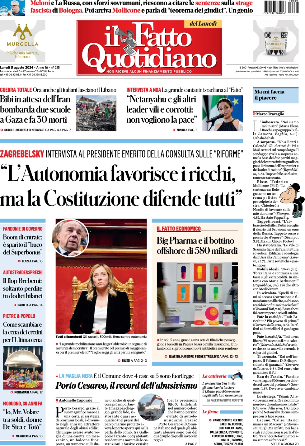 anteprima della prima pagina di il-fatto-quotidiano del 05/08/2024