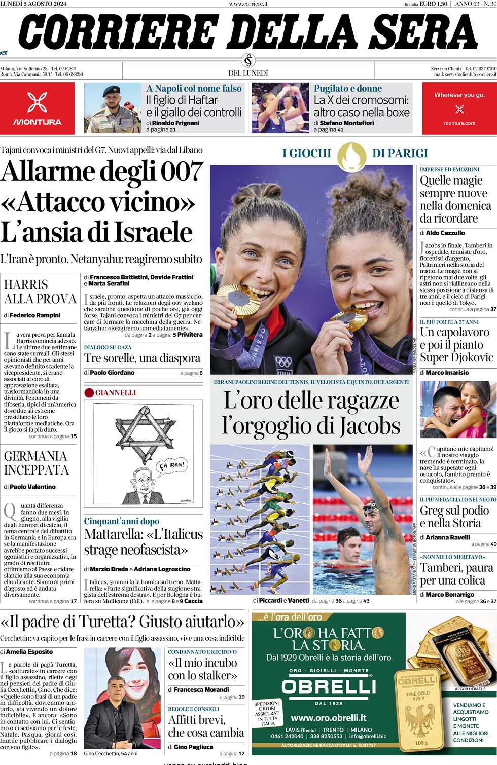 anteprima della prima pagina di corriere-della-sera del 05/08/2024