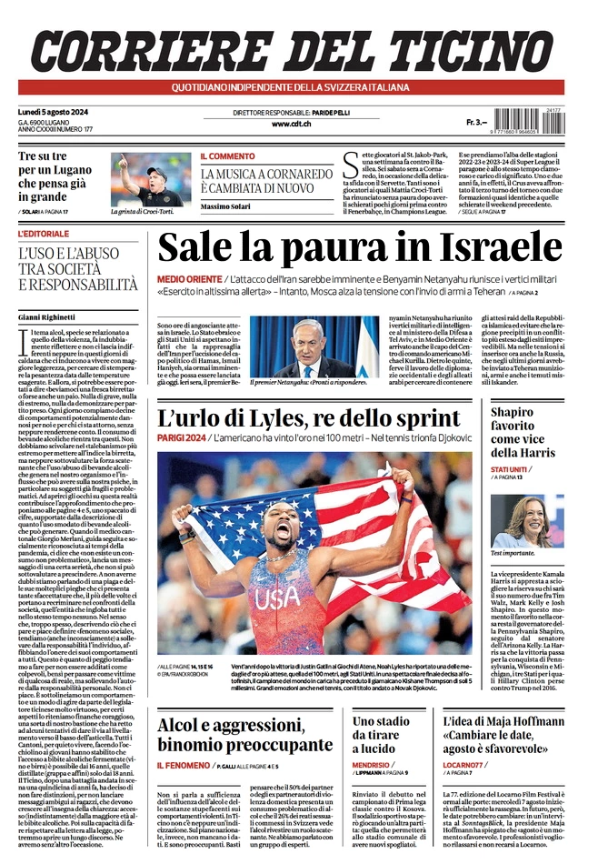 anteprima della prima pagina di corriere-del-ticino del 05/08/2024