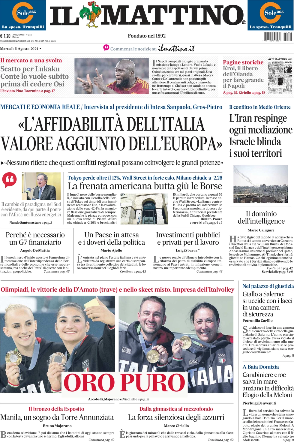 anteprima della prima pagina di il-mattino del 06/08/2024