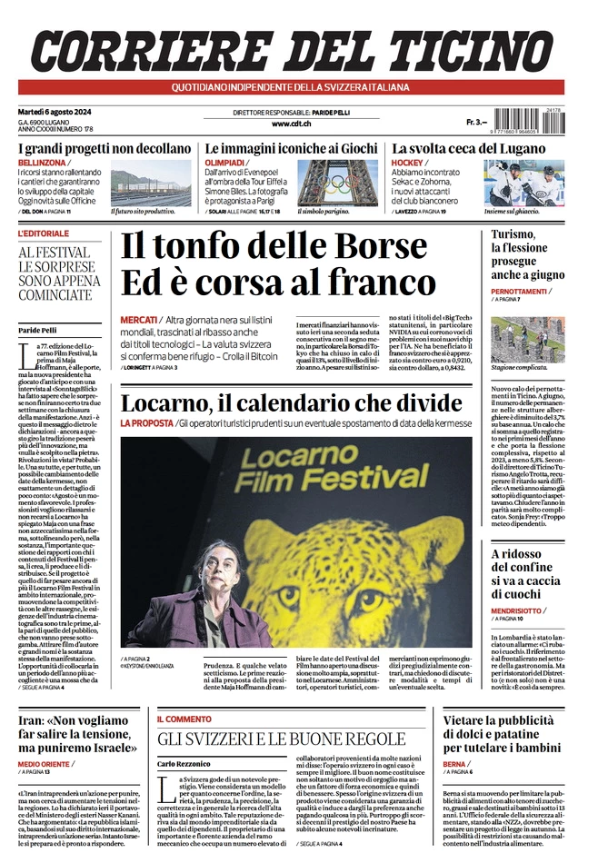 anteprima della prima pagina di corriere-del-ticino del 06/08/2024