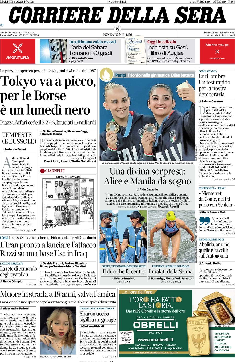 anteprima della prima pagina di corriere-della-sera del 06/08/2024