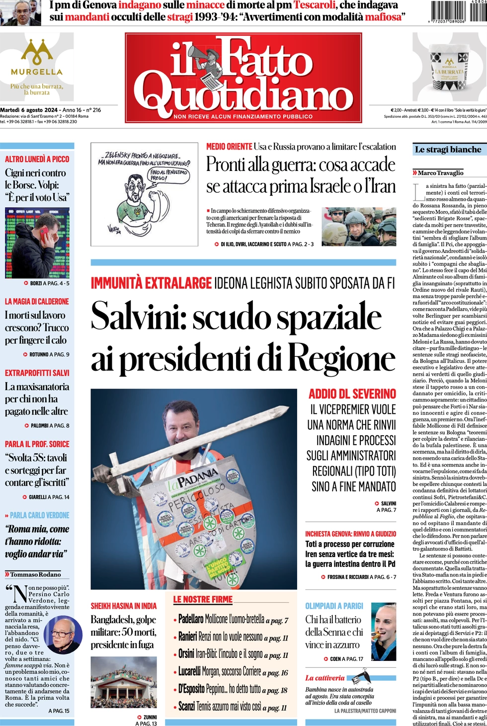 anteprima della prima pagina di il-fatto-quotidiano del 06/08/2024