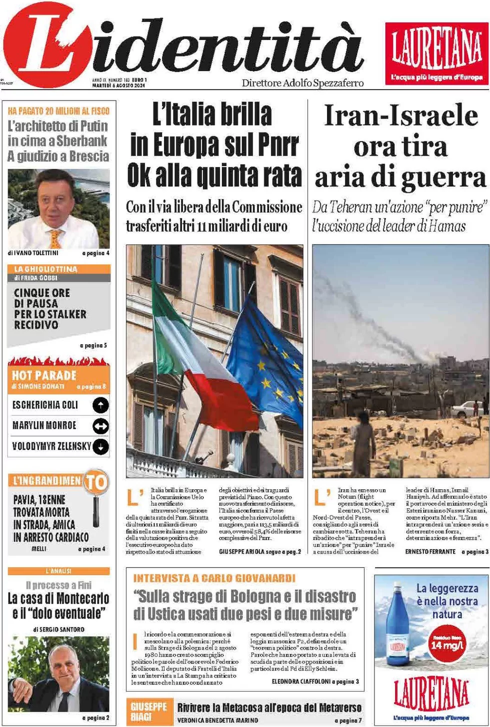 anteprima della prima pagina di lidentit del 06/08/2024
