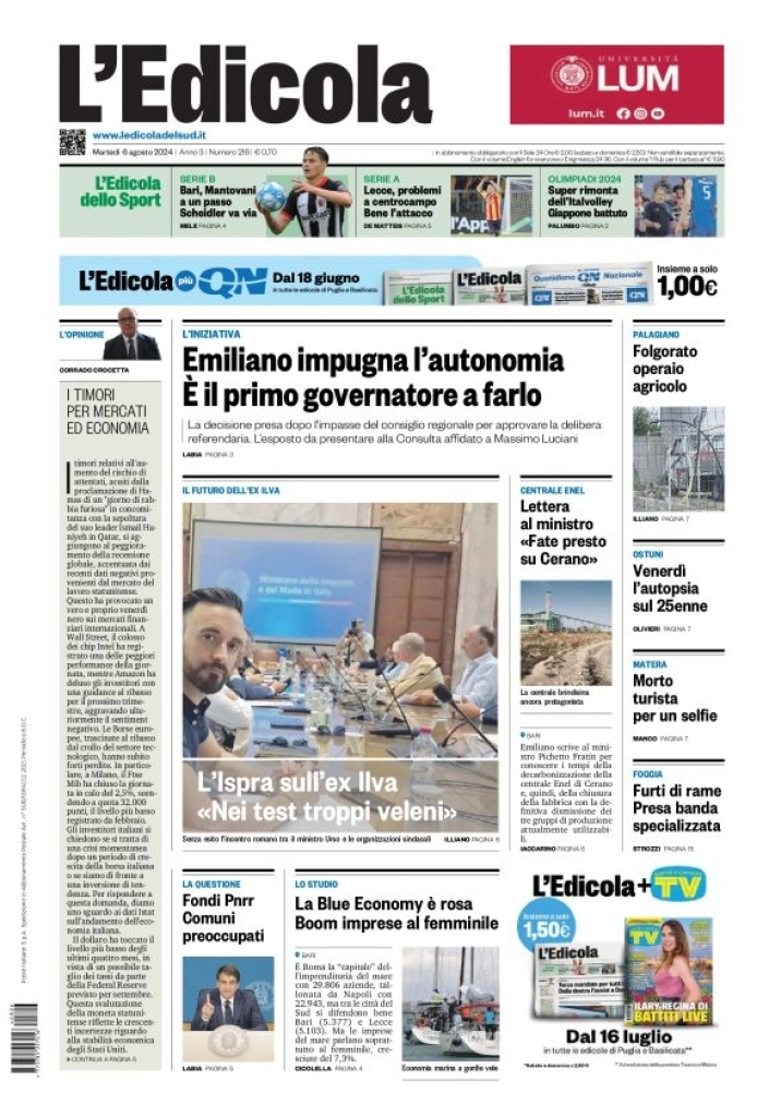 anteprima della prima pagina di ledicola-del-sud-bari,-foggia,-basilicata del 06/08/2024