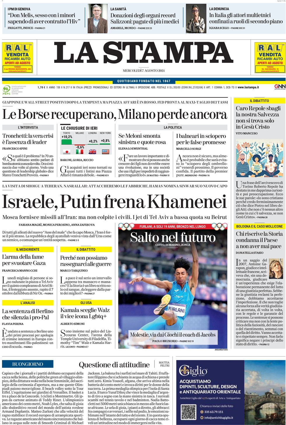 anteprima della prima pagina di la-stampa del 07/08/2024