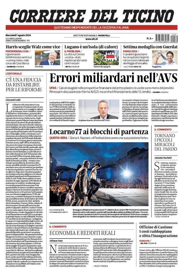 anteprima della prima pagina di corriere-del-ticino del 07/08/2024