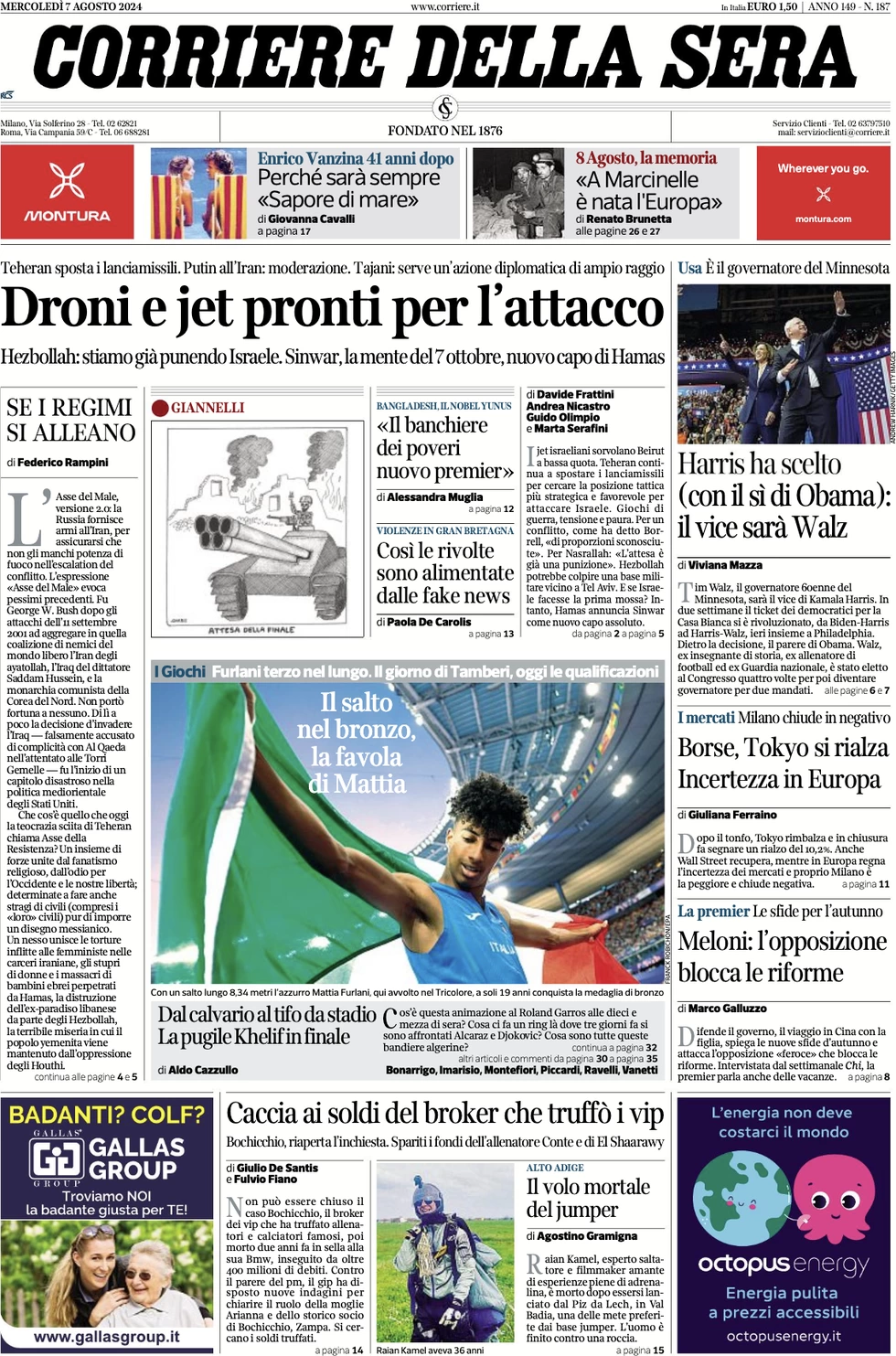 anteprima della prima pagina di corriere-della-sera del 07/08/2024