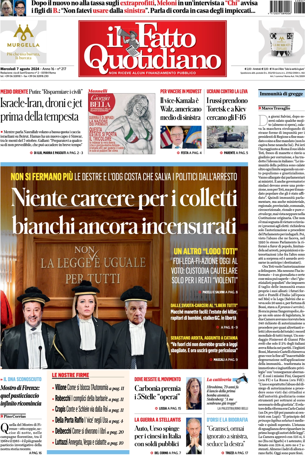 anteprima della prima pagina di il-fatto-quotidiano del 07/08/2024