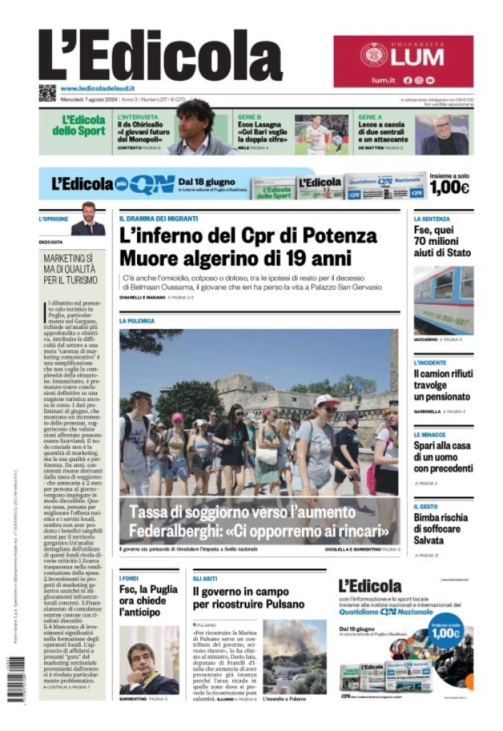 anteprima della prima pagina di ledicola-del-sud-bari,-foggia,-basilicata del 07/08/2024
