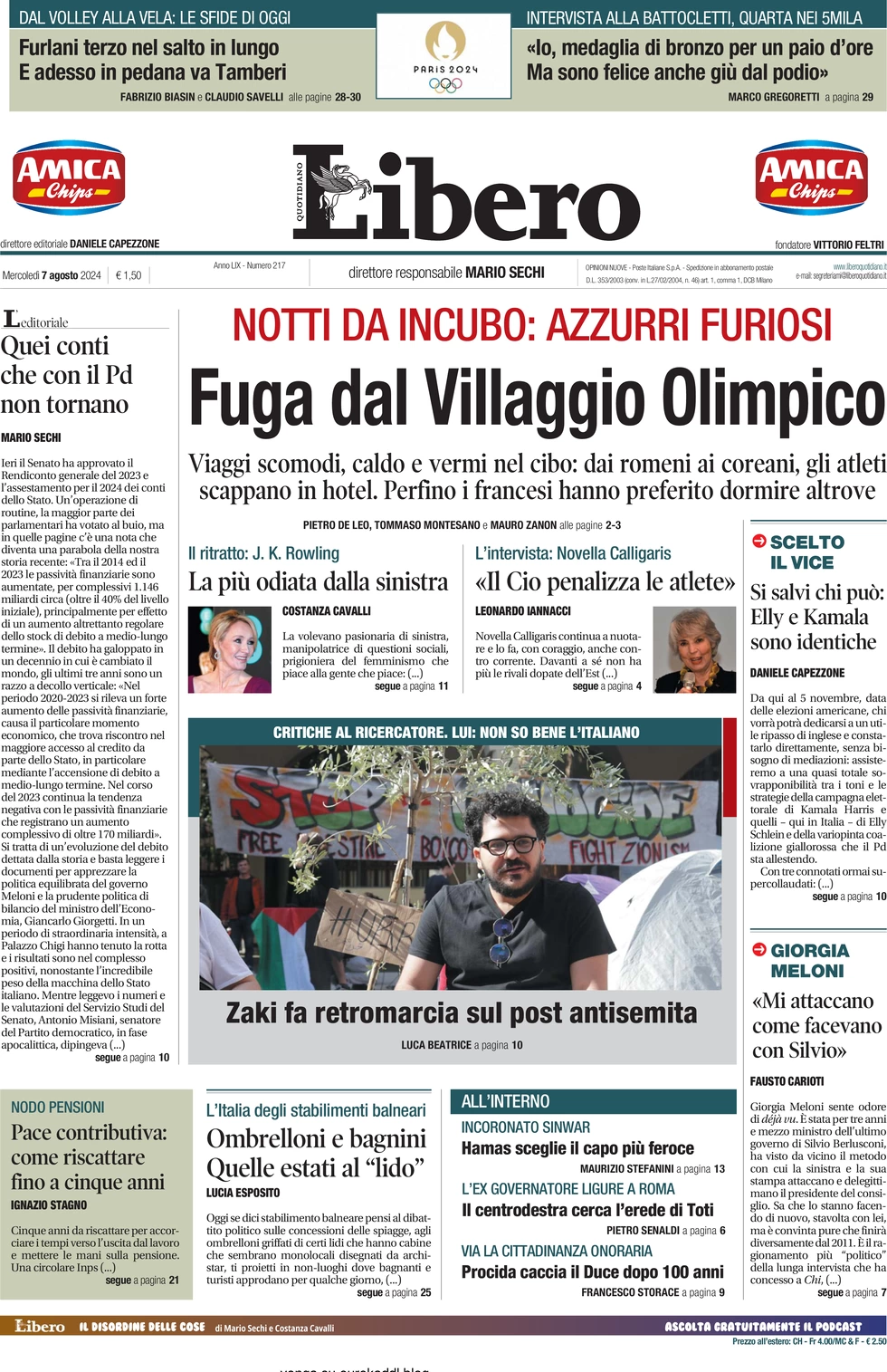 anteprima della prima pagina di libero-quotidiano del 07/08/2024