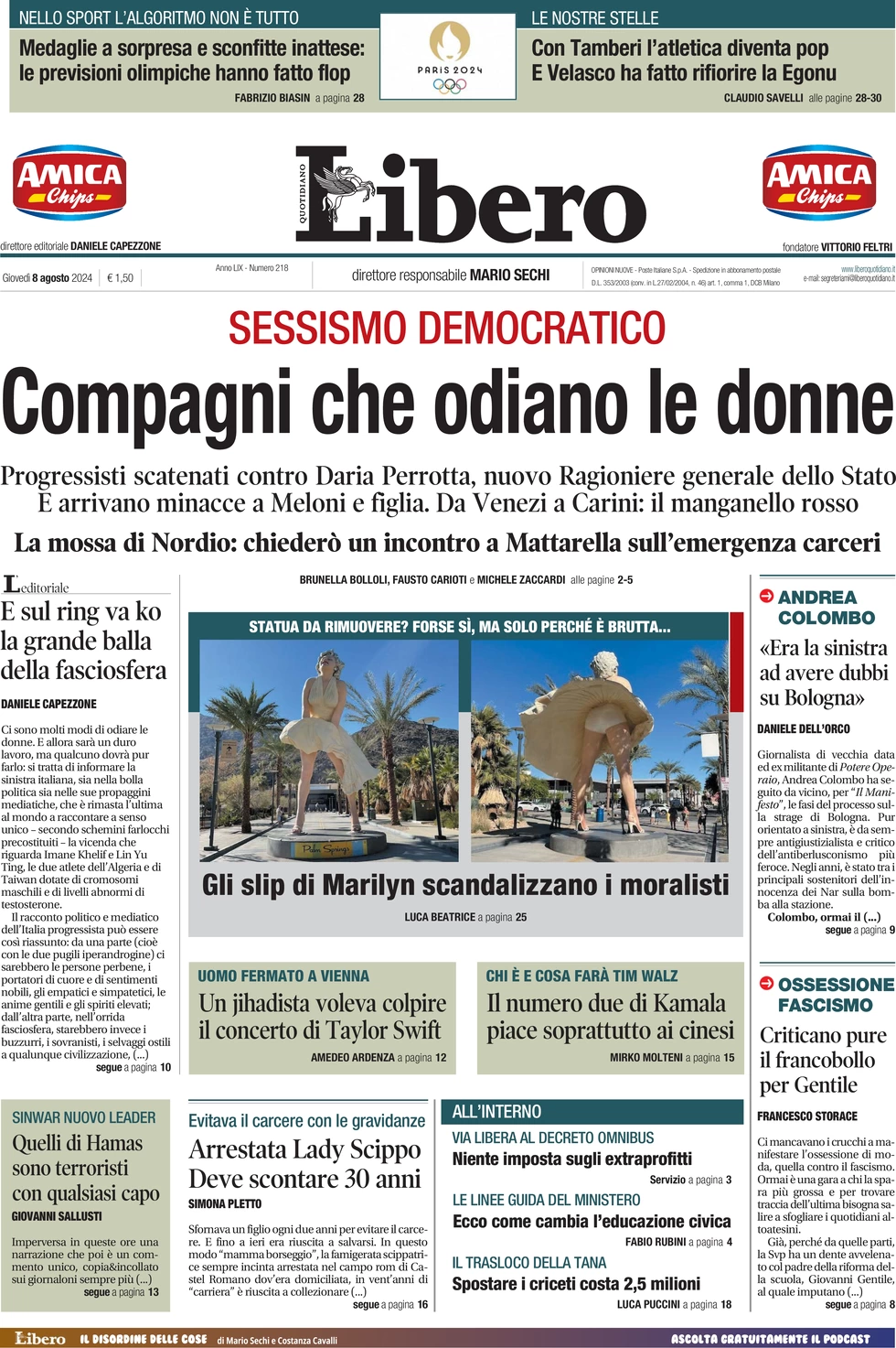 anteprima della prima pagina di libero-quotidiano del 08/08/2024