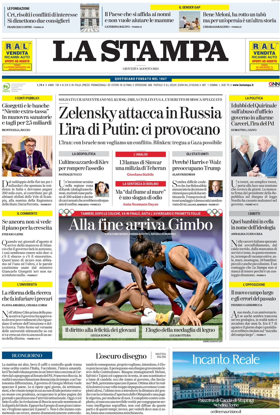 anteprima della prima pagina di la-stampa del 08/08/2024