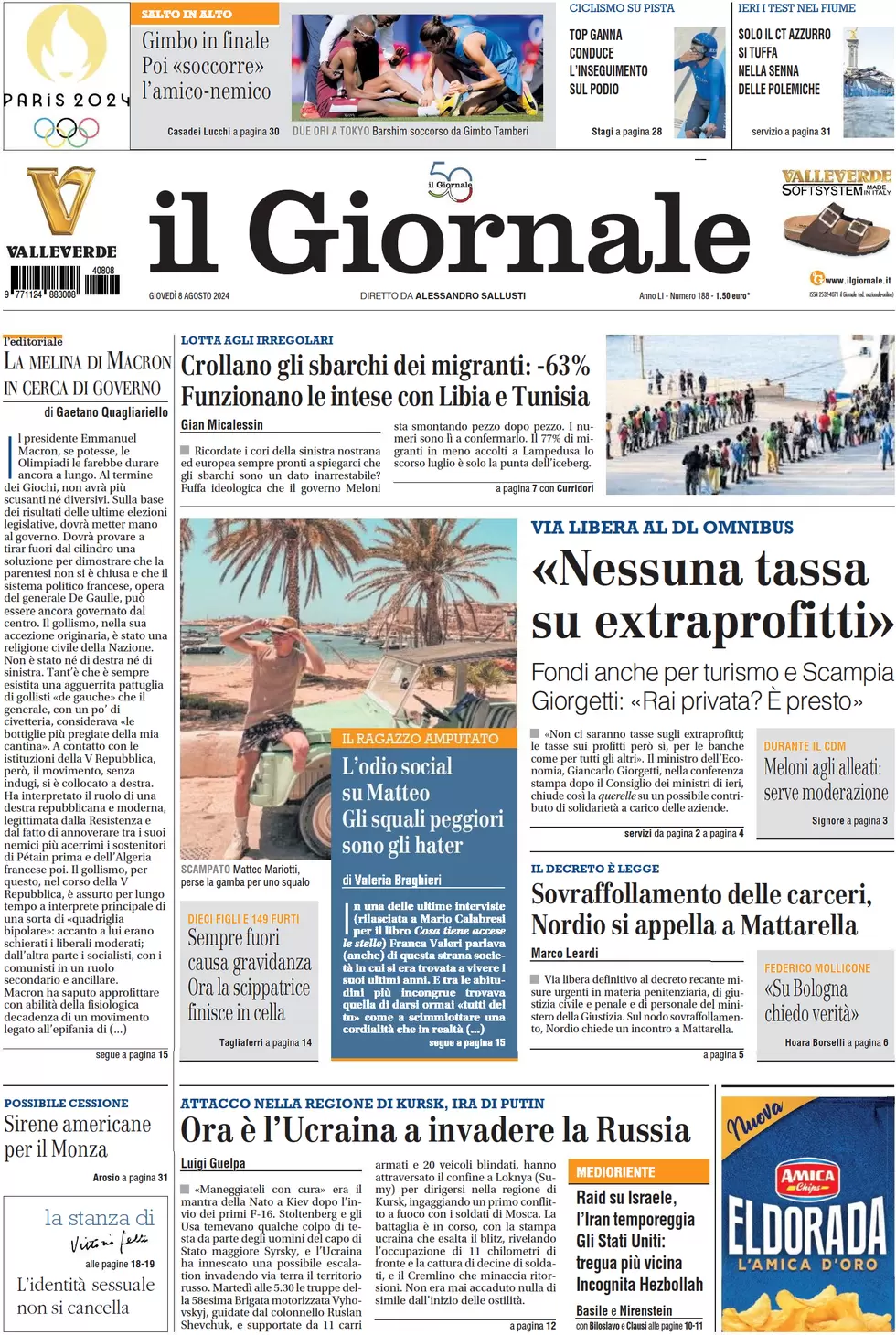 anteprima della prima pagina di il-giornale del 08/08/2024