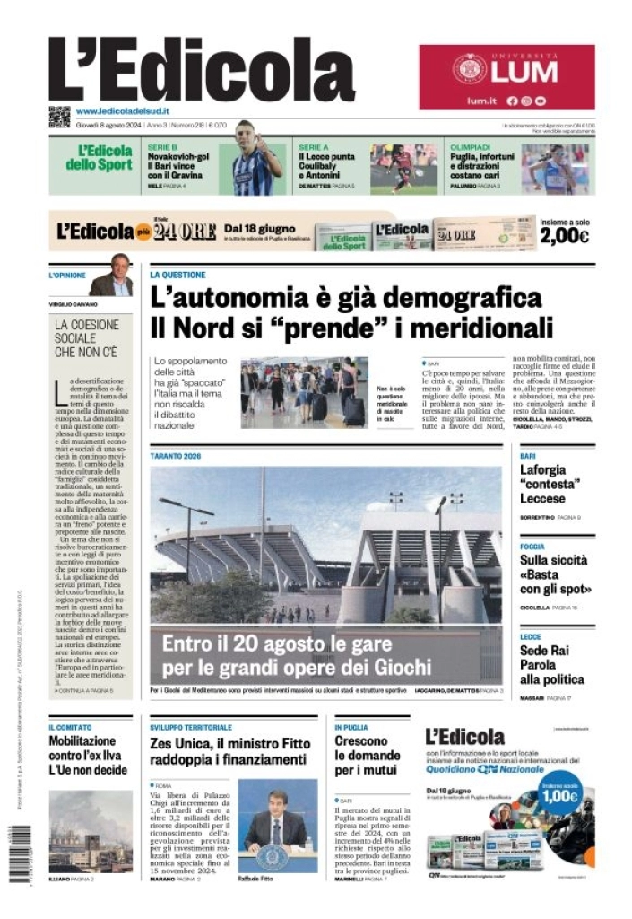 anteprima della prima pagina di ledicola-del-sud-bari,-foggia,-basilicata del 08/08/2024