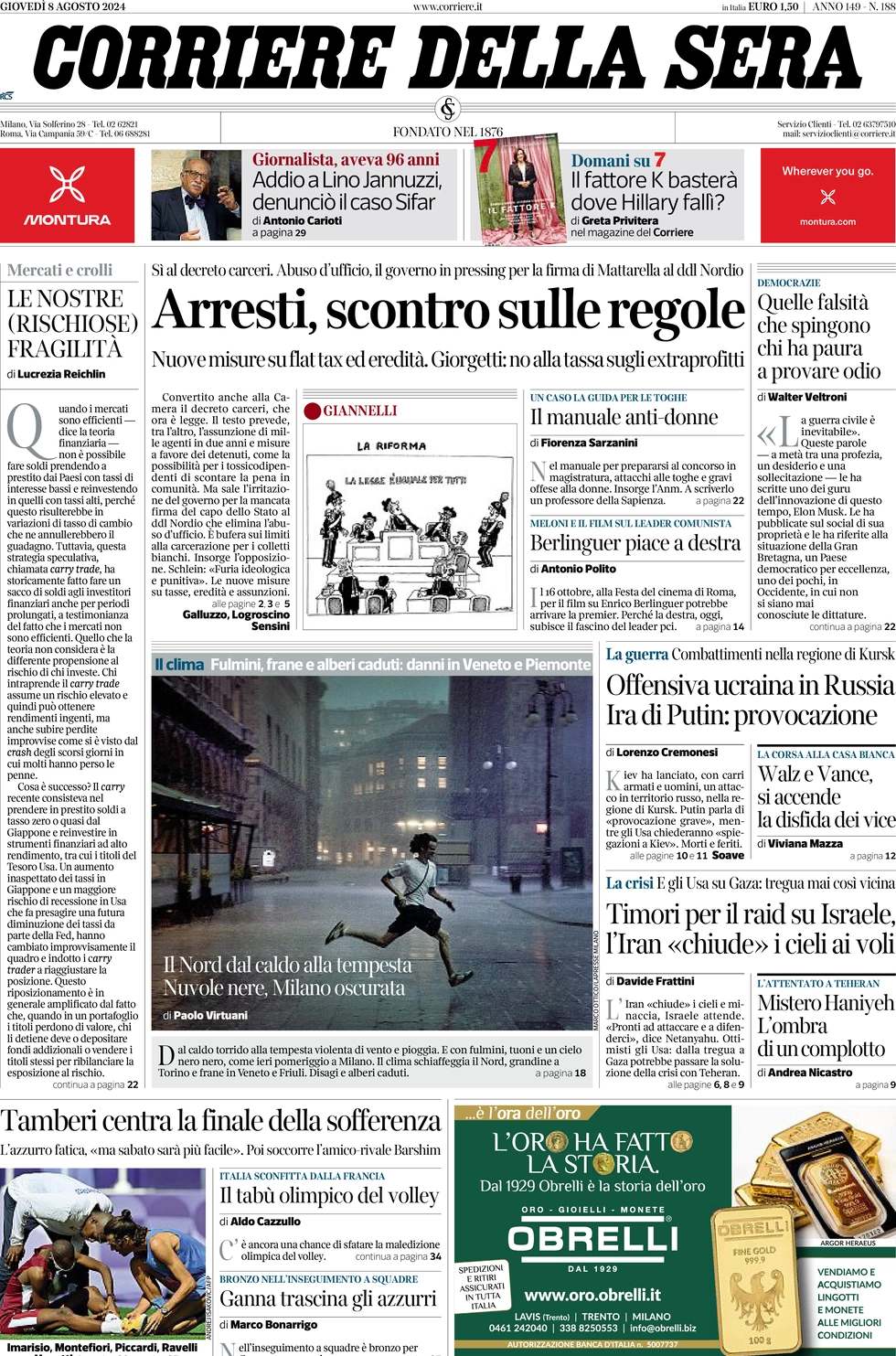 anteprima della prima pagina di corriere-della-sera del 08/08/2024