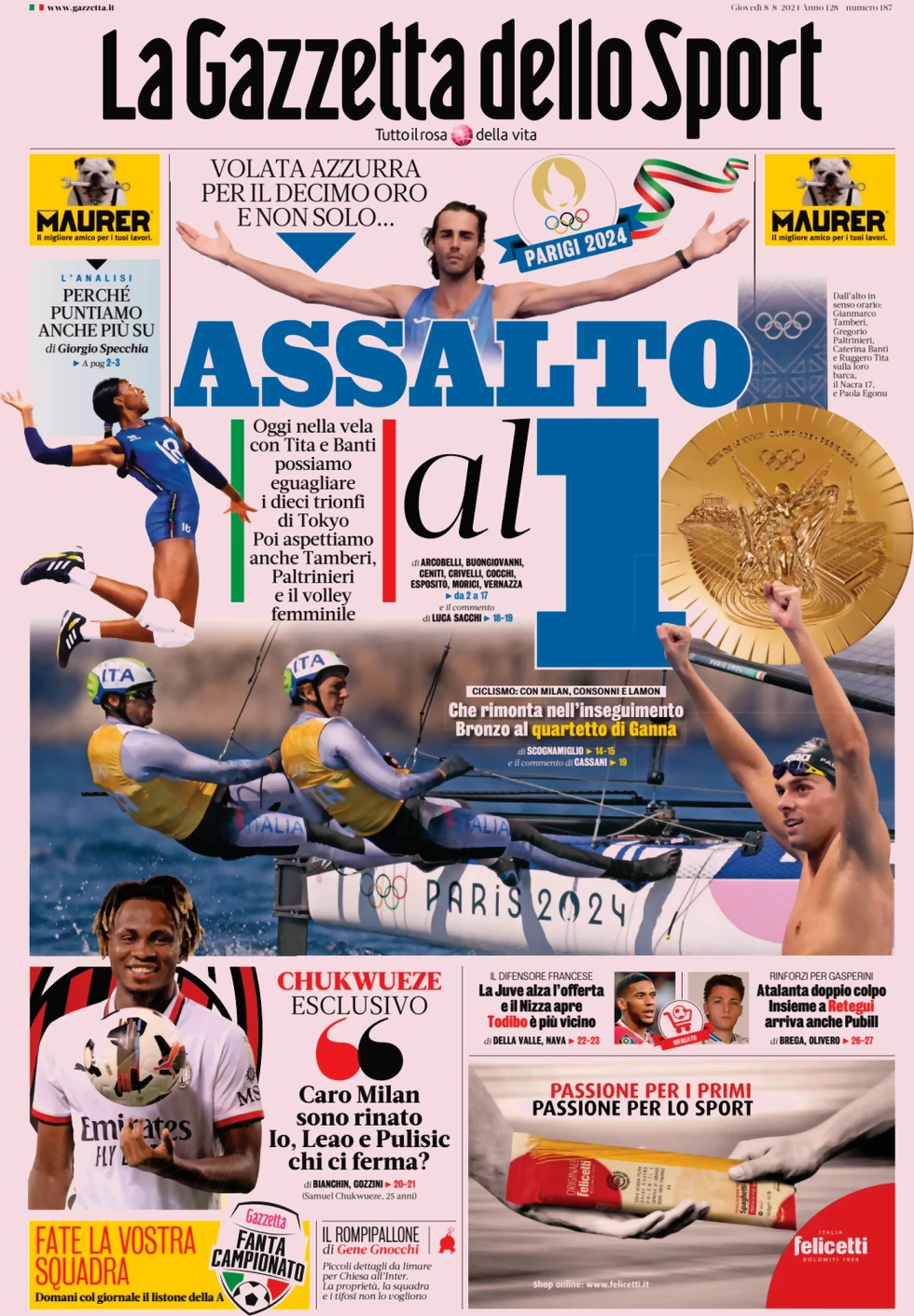 anteprima della prima pagina di la-gazzetta-dello-sport del 08/08/2024