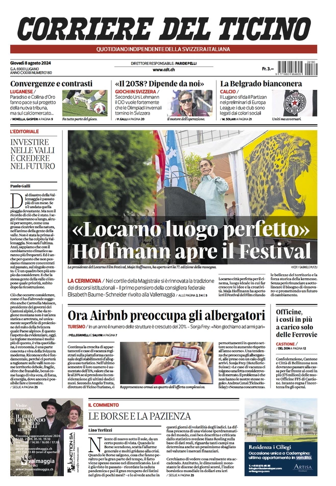 anteprima della prima pagina di corriere-del-ticino del 08/08/2024