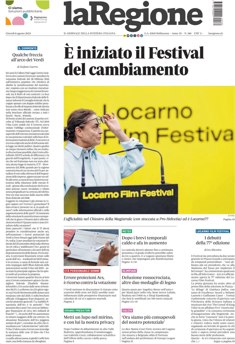 anteprima della prima pagina di la-regione del 08/08/2024