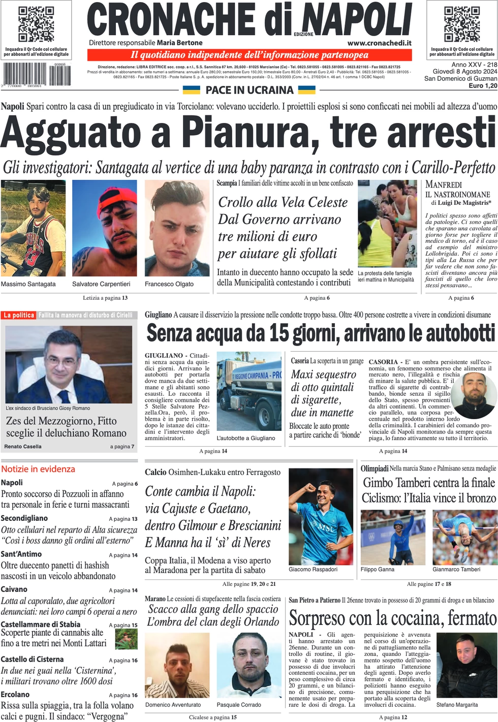 anteprima della prima pagina di cronache-di-napoli del 08/08/2024