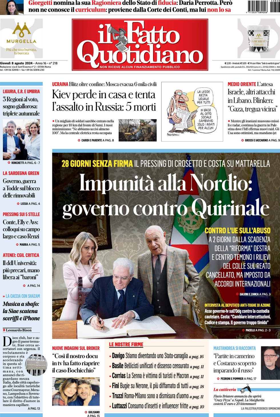 anteprima della prima pagina di il-fatto-quotidiano del 08/08/2024