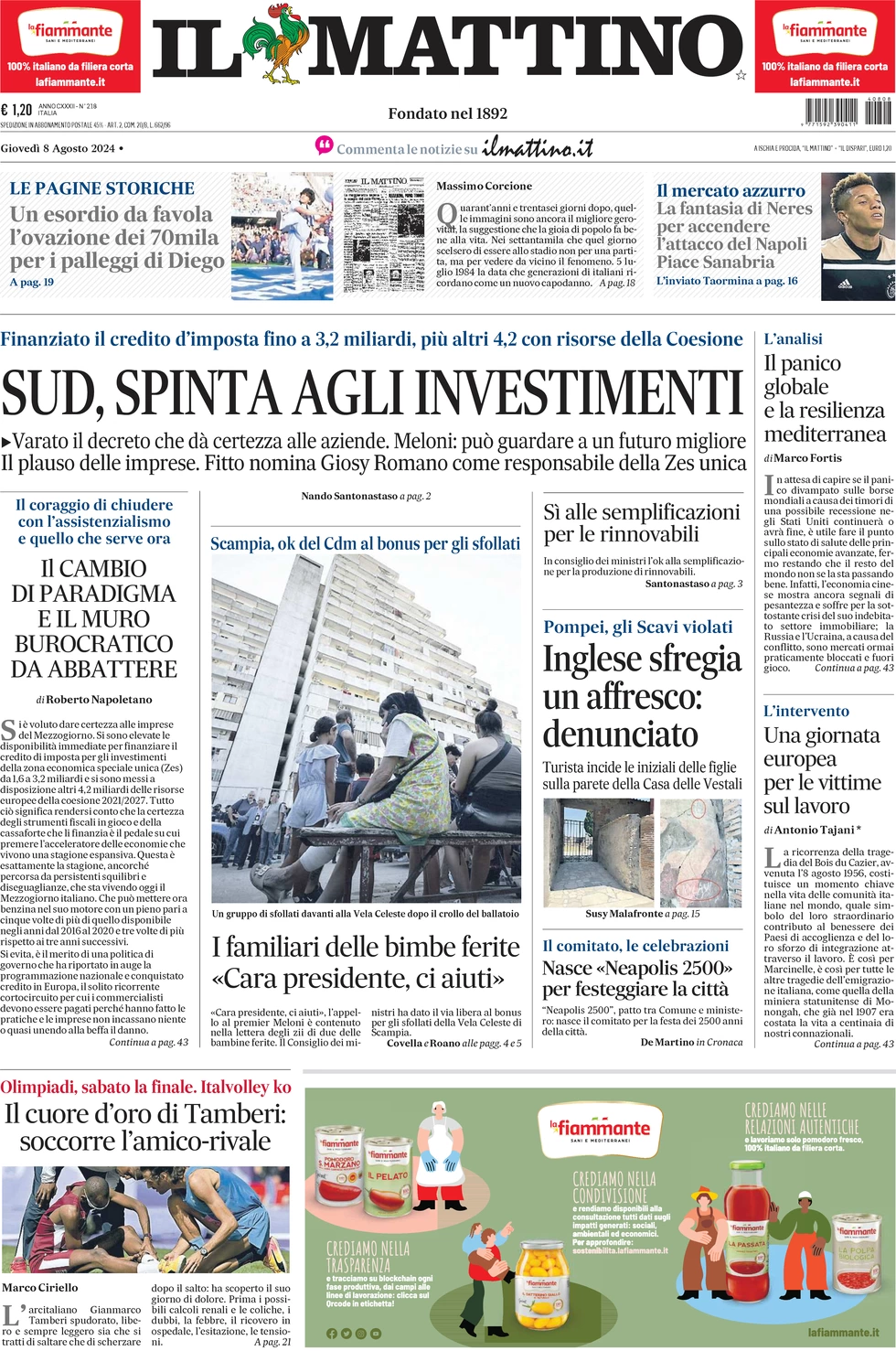 anteprima della prima pagina di il-mattino del 08/08/2024