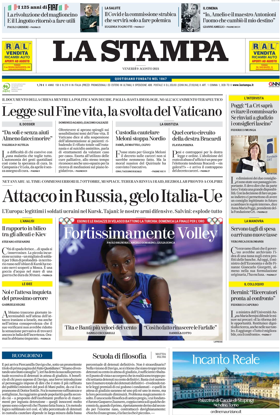 anteprima della prima pagina di la-stampa del 09/08/2024