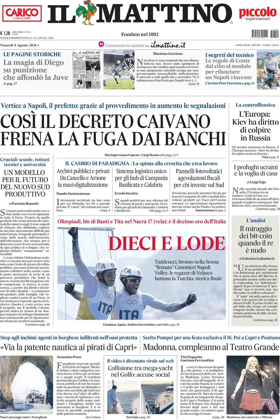 anteprima della prima pagina di il-mattino del 09/08/2024