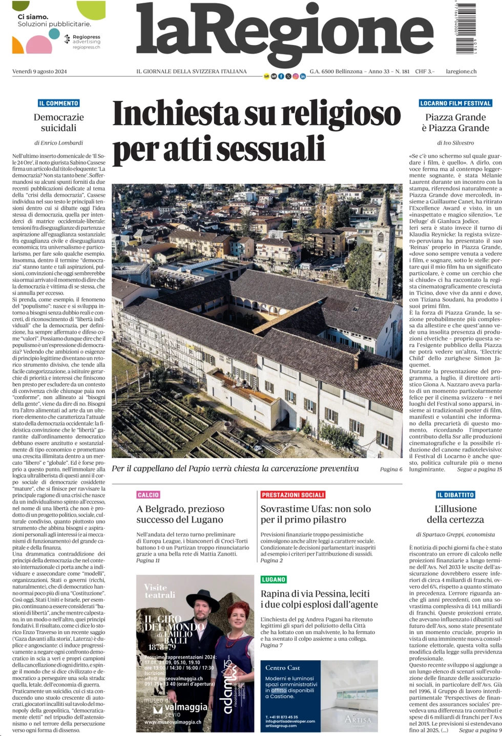 anteprima della prima pagina di la-regione del 09/08/2024