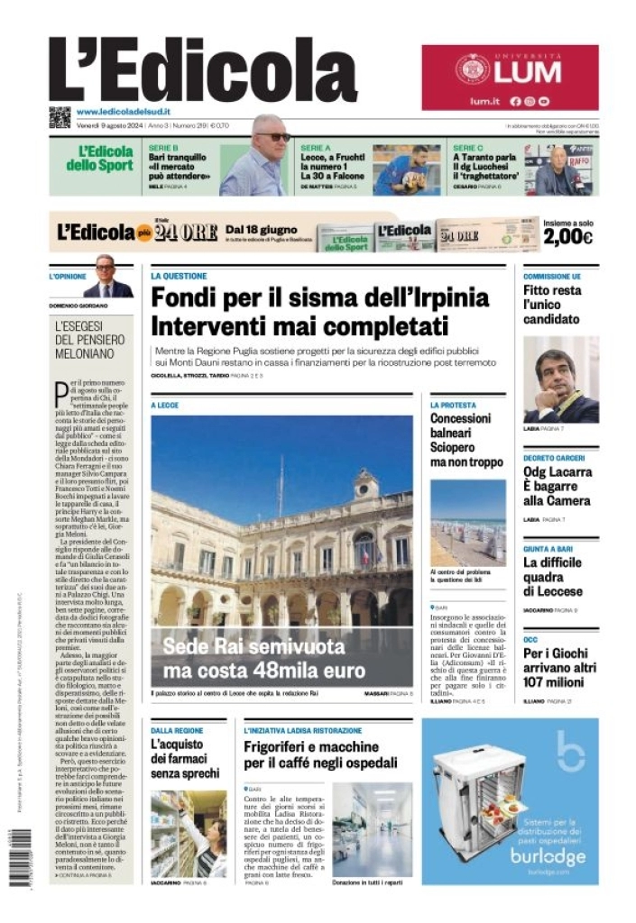 anteprima della prima pagina di ledicola-del-sud-bari,-foggia,-basilicata del 09/08/2024