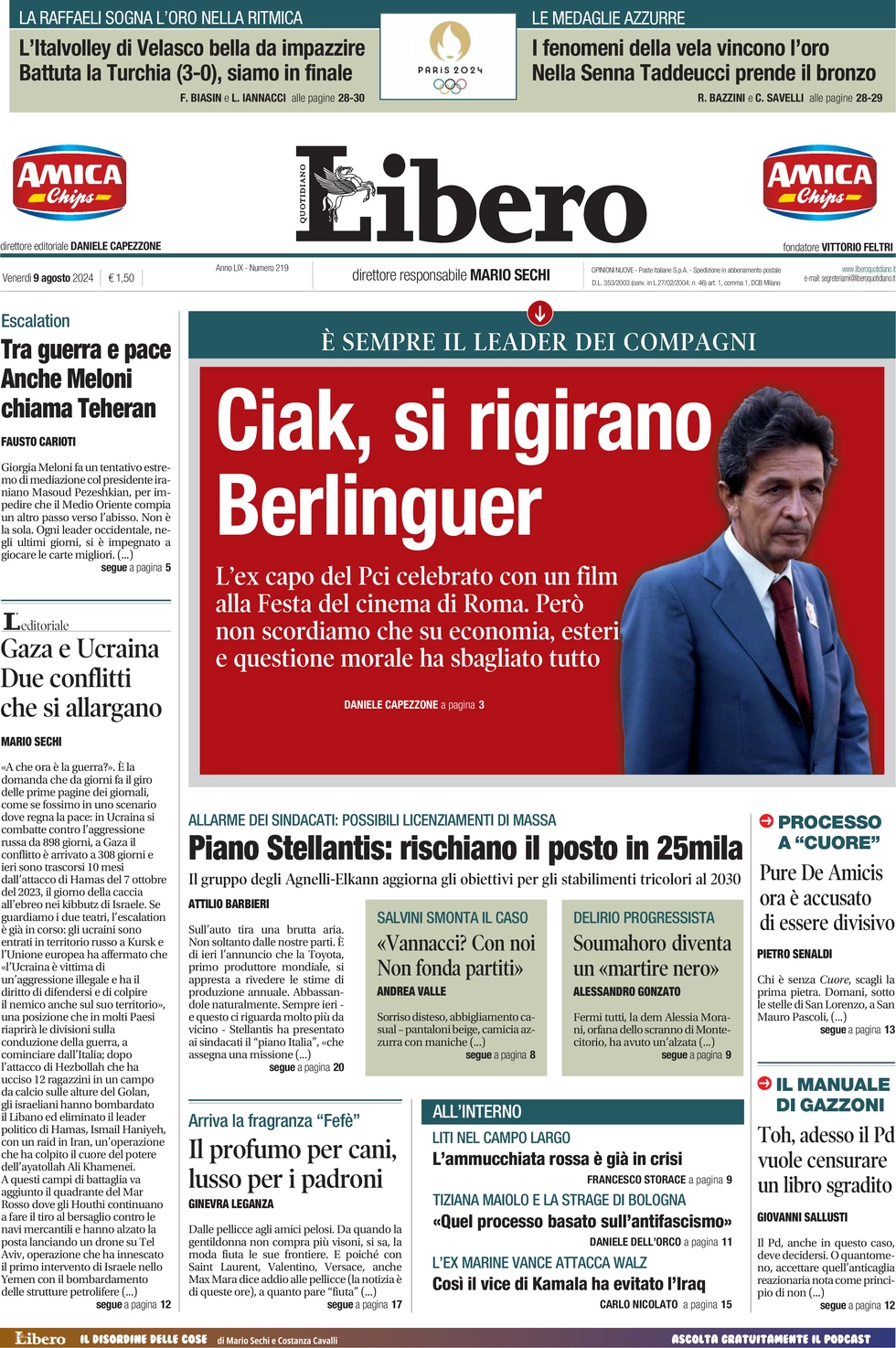 anteprima della prima pagina di libero-quotidiano del 09/08/2024