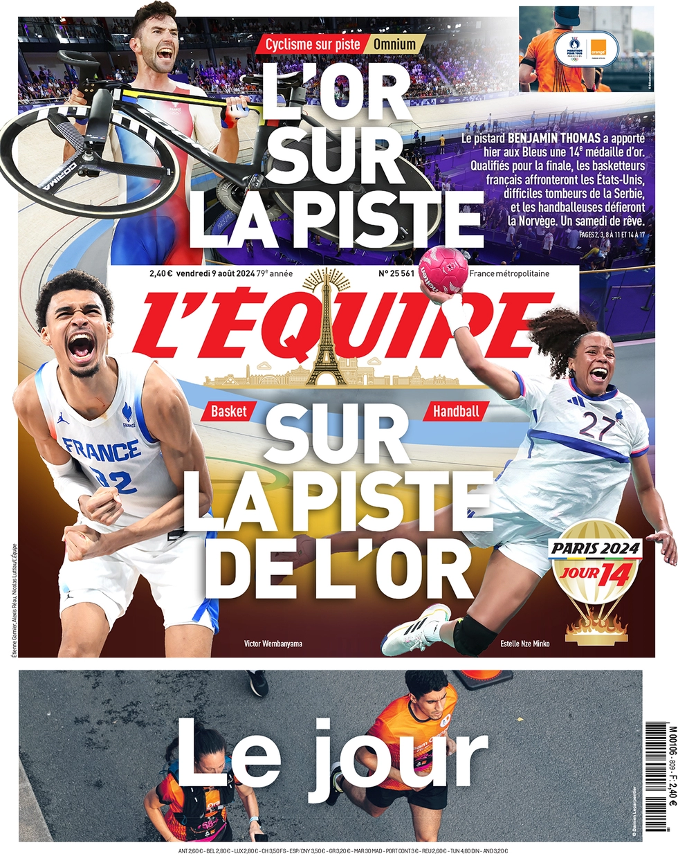 anteprima della prima pagina di lequipe del 09/08/2024
