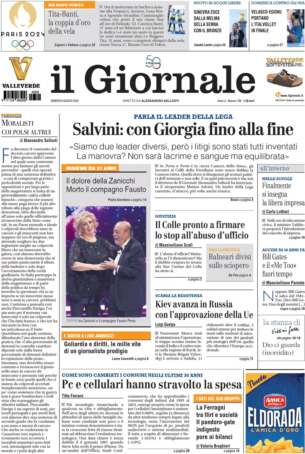 anteprima della prima pagina di il-giornale del 09/08/2024